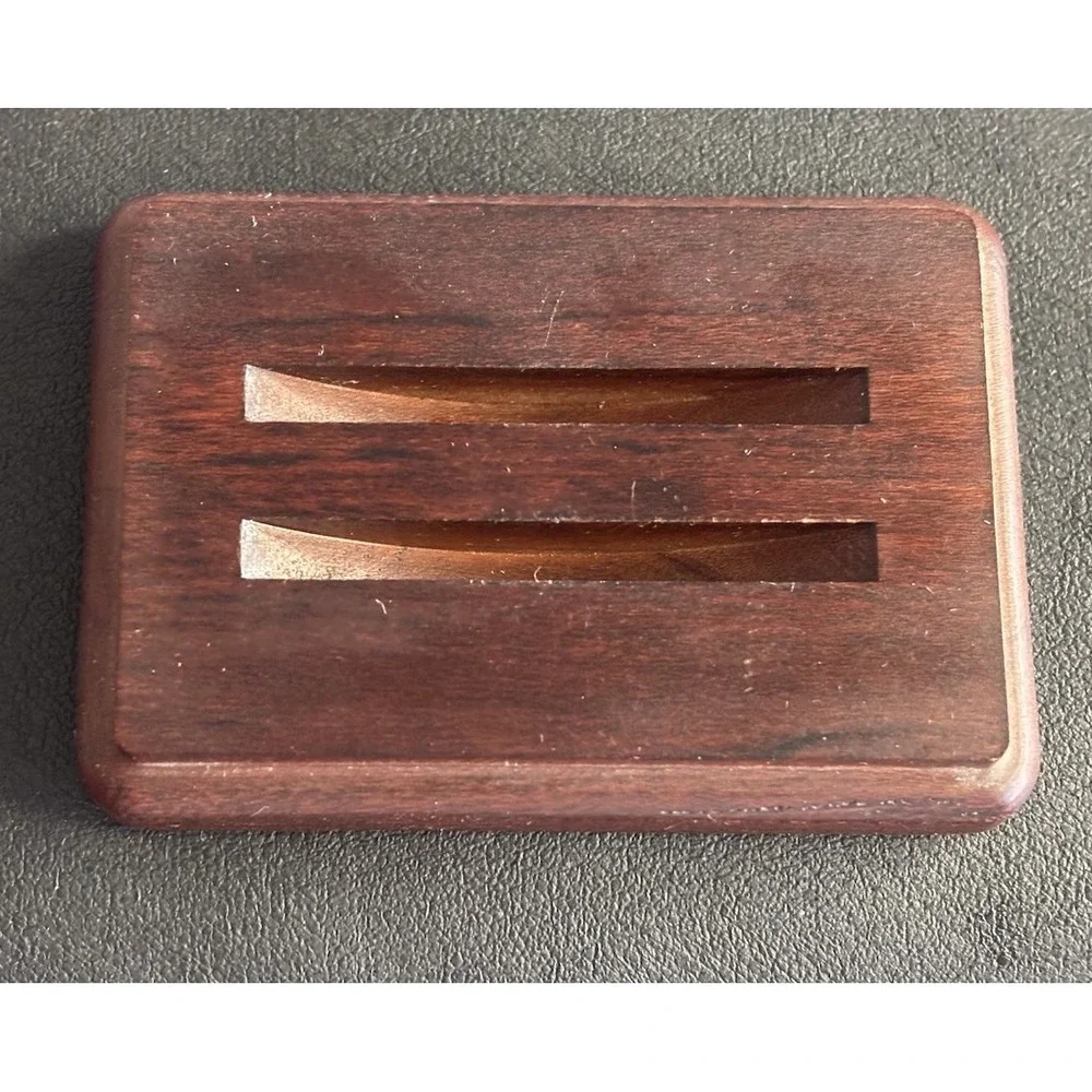 2 Piece Set of Vtg Asian Chinese Character Brass Detail Coasters w Wood Holder